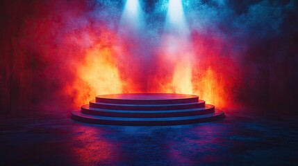 Stage Podium with Vibrant Lighting and Smoke Effect