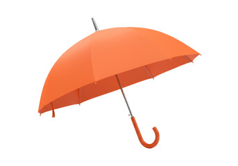 Vibrant orange open umbrella with sleek silver handle, high-key studio light, off-center on transparent background, looking down at protective dome, concept of readiness and solutions