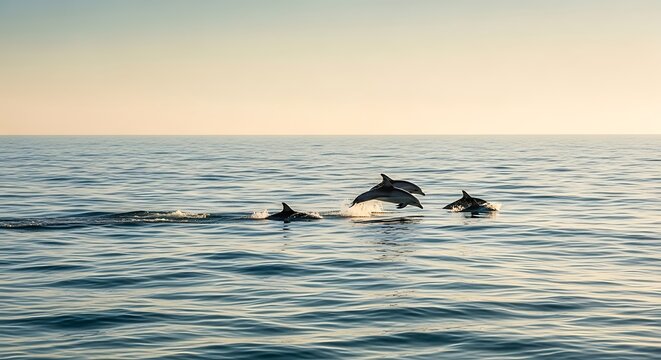 A mesmerizing sight of dolphins leaping and swimming in the vast expanse of the ocean during sunset