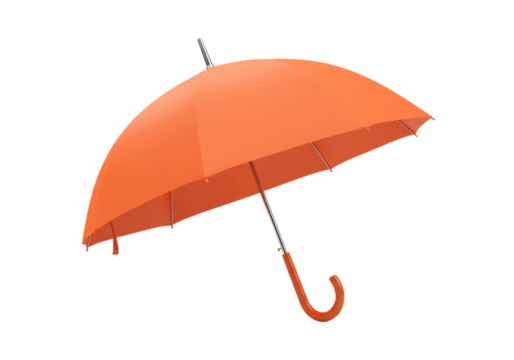 Vibrant orange open umbrella with sleek silver handle, high-key studio light, off-center on transparent background, looking down at protective dome, concept of readiness and solutions