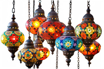 Photo of collection of colorful mosaic glass lanterns in turkish ottoman style, hanging and glowing with warm light, isolated on transparent background