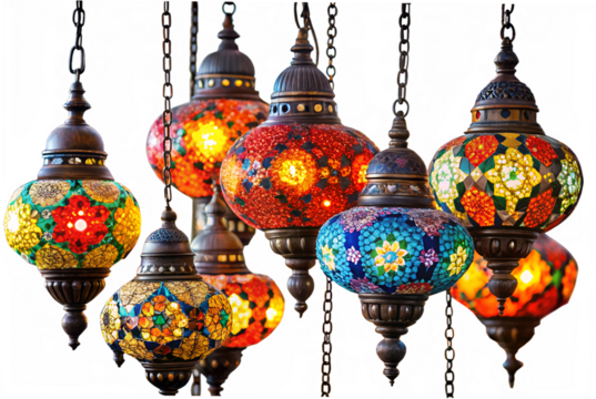 Photo of collection of colorful mosaic glass lanterns in turkish ottoman style, hanging and glowing with warm light, isolated on transparent background