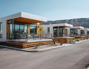 Obraz premium Modern, light-colored cabins with wooden decks, set on a paved street under a clear sky