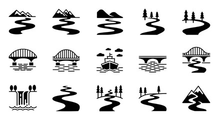 Collection of landscape and transportation icons nature river