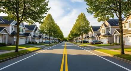 Tree-lined street with symmetrical suburban houses and yellow road line, peaceful residential area
