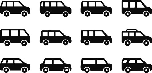 set of mini busses and cars vector design silhouette