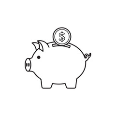 Line drawing of a piggy bank with a dollar coin being inserted into the slot.