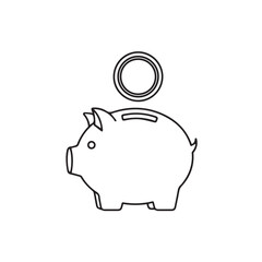 Line art illustration of a piggy bank with a coin above the slot, representing savings and financial concepts.