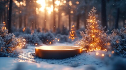 Golden Podium Display in Snowy Winter Forest at Sunset