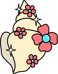 Retro Groovy Summer Cartoon Floral Seashell Illustration with Sparkles