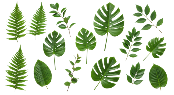 Vibrant green fern, monstera, eucalyptus, and broad leaves, artfully arranged on a transparent studio background with negative space for branding, concept of eco-friendly growth and purity