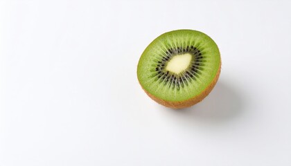 Fresh Kiwi Half: Close-up of a vibrant green kiwi fruit cut in half on a white background, showcasing its seeds and juicy texture.