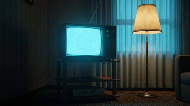 "Vintage TV with Static in Dark Retro Living Room &ndash; 80s Nostalgia Scene"