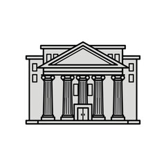 Illustration of a classical building facade with prominent columns, a triangular pediment, and a double door entrance.