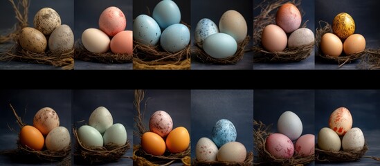 pastel colored eggs, arrangement of eggs, vintage texture eggs, dark moody lighting eggs, minimalistic still life, close-up shot, muted tones, soft focus, photographic quality
