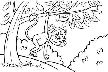 Coloring Pages, funny monkey hanging on tree, cartoon style, coloring book