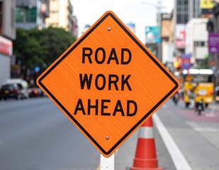 A bright yellow "Road Work Ahead" sign stands prominently on the side of a bustling street, surrounded by construction cones and tools, signaling upcoming road maintenance.