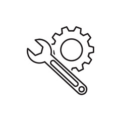 A stylized line art illustration featuring a wrench and a gear, symbolizing mechanical repair, engineering, and technical services.