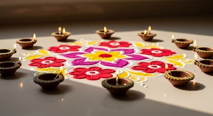 Beautiful floral Rangoli pattern illuminated with traditional Diwali oil lamps