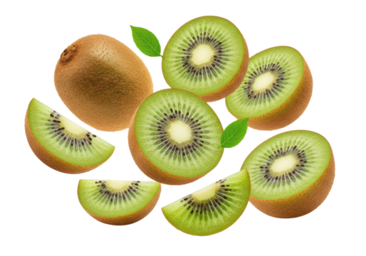 Multiple fresh, ripe kiwi fruit, whole and cut slices, suspended mid-air on a transparent background, vibrant green pulp and seeds. Concept of natural nutrition and vitality