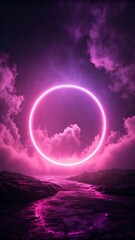 Obraz premium A luminous pink neon ring hovers in a dramatic cloudy sky above a reflective ethereal landscape creating a surreal and mystical atmosphere