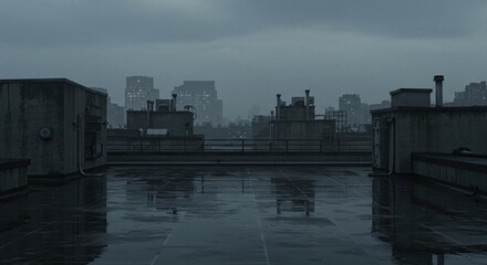 Somber Cityscape: Reflections on a Wet Rooftop Under a Grey, Rainy Sky