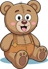 Adorable cartoon teddy bear, wearing blue overalls, cute plush toy illustration, children's design, nursery decor, vector art, playful character, smiling face