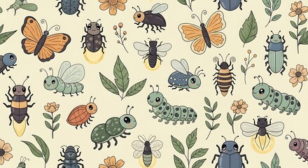 Delightful Insect and Floral Pattern with Butterflies, Beetles and Caterpillars Illustration