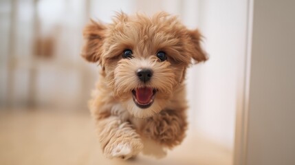 Happy puppy running joyfully through a bright indoor space filled with sunlight