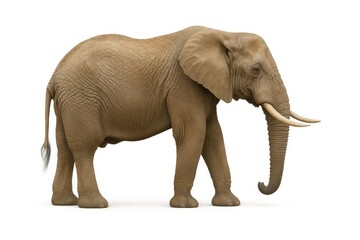 Fototapeta premium Majestic African elephant in full profile, showcasing its powerful presence, iconic tusks, and natural grandeur against a pristine white background, a symbol of wildlife
