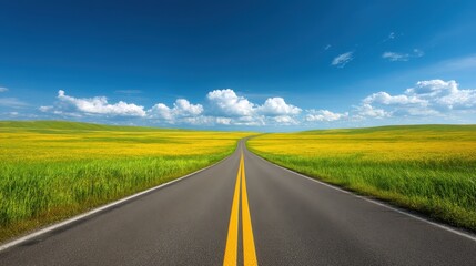 Long winding road through vibrant yellow fields under a bright blue sky