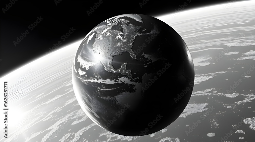 Wall mural a black and white depiction of earth shows the planet floating in space with a glowing light reflect