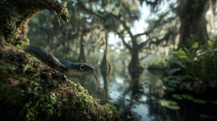 Obraz premium Black Snake In Dark Swampy Forest