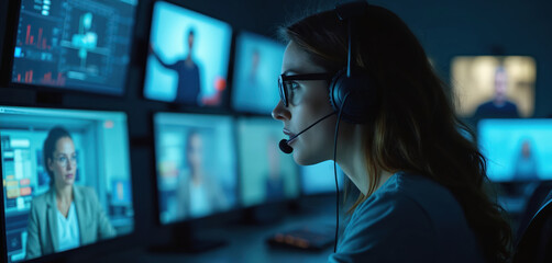 Woman operator wearing headset monitors multiple screens in dimly lit control room at night. Shows surveillance, broadcasting, communication systems, data center operations, future technology
