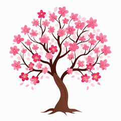 A blooming cherry blossom tree with delicate pink flowers, on a clean white background, a beautiful spring design.