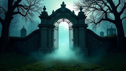 Mysterious Gothic Cemetery Gate in Foggy Forest