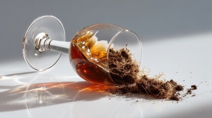 Broken glass reflects a unique blend of soil and dark liquid on a light surface