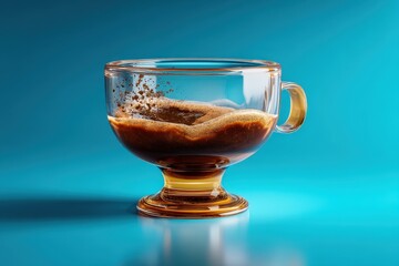 Hot coffee swirling in a glass cup against a vibrant blue background