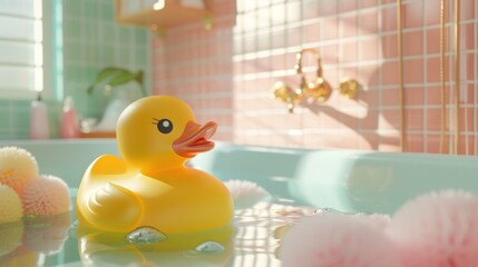 A cheerful yellow rubber duck floats in a pastel bathroom