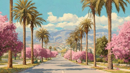 Fototapeta premium Beautiful california street with palm trees and cherry blossoms art painting landscape scenery view