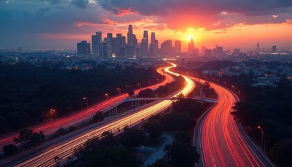 Los Angeles city skyline at vibrant sunrise with glowing freeway traffic trails below. Urban metropolis features modern architecture and infrastructure, showcasing fast motion and illuminated roads.
