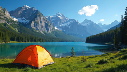 Orange, yellow tent pitched on grassy lakeshore with majestic snow-capped mountains, pine forest. Clear blue sky, tranquil turquoise water creates serene camping adventure scene. Perfect for outdoor