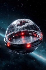 Futuristic spacecraft hovering in space with glowing lights and a glass dome structure
