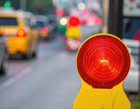 A vibrant traffic light stands tall on the roadside, its red, yellow, and green lights glowing brightly against a clear blue sky, guiding vehicles safely.