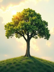 Obraz premium A solitary tree stands on a grassy hill illuminated by warm sunset light.