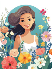  Creative art collage with beautiful meadow flowers and woman on color background