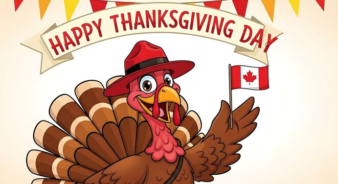 Happy Canadian Thanksgiving Day cartoon turkey with flag and banner illustration