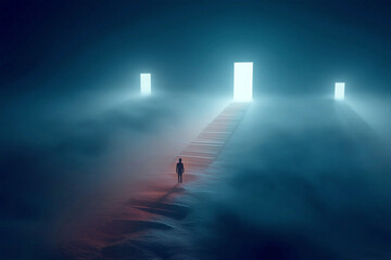 Glowing Doors and Staircase at Life’s Crossroads Symbolizing Choice, Uncertainty, and Destiny
