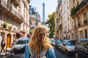 Pari Woman Tourist on Paris Street with Eiffel Tower in Background