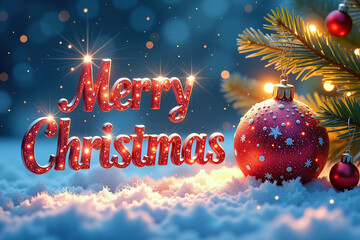 Red Merry Christmas text with ornaments, snow, and pine branch against a blue background with bokeh lights and sparkles.